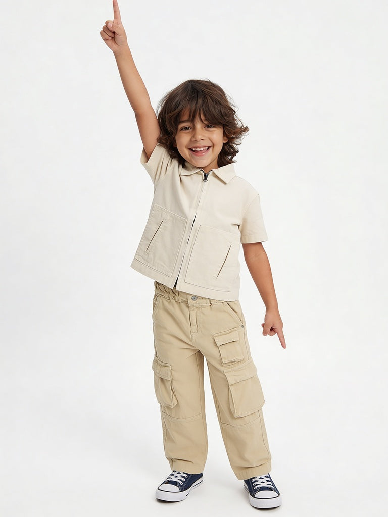 HOP Kids Boys Off-White Cotton Zip Up Shirt