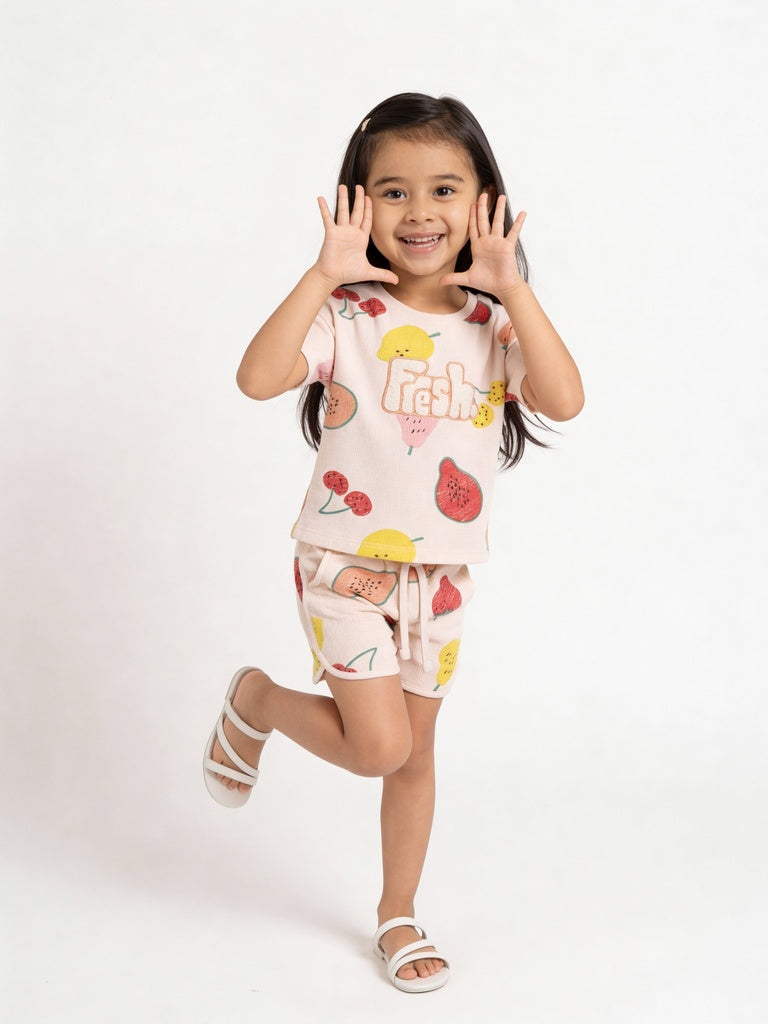HOP Kids Girls Light Peach Fruit Printed Cotton T-Shirt and Shorts Set
