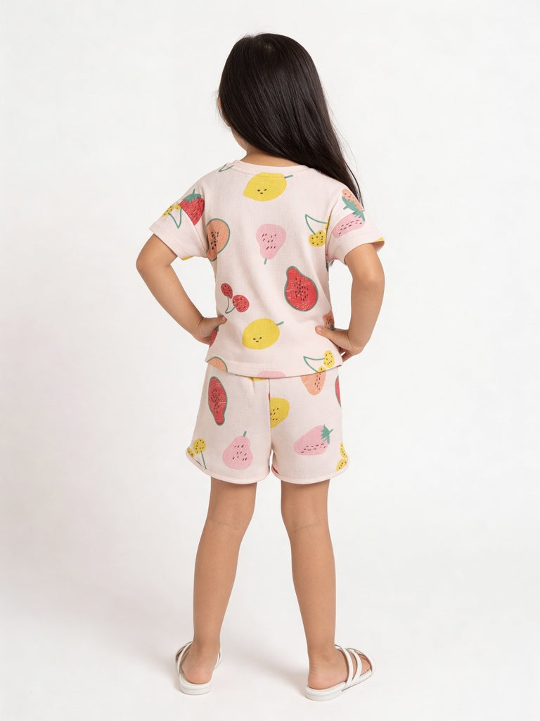 HOP Kids Girls Light Peach Fruit Printed Cotton T-Shirt and Shorts Set