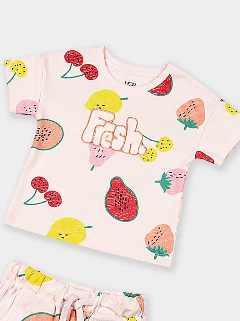 HOP Kids Girls Light Peach Fruit Printed Cotton T-Shirt and Shorts Set