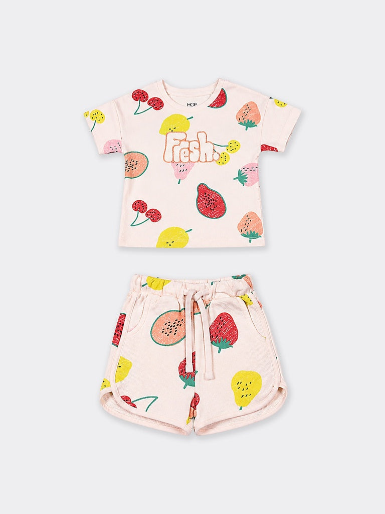 HOP Kids Girls Light Peach Fruit Printed Cotton T-Shirt and Shorts Set