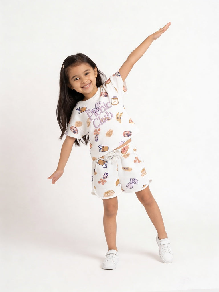 HOP Kids Girls Off-White Picnic Graphic Print Cotton T-Shirt And Shorts Set