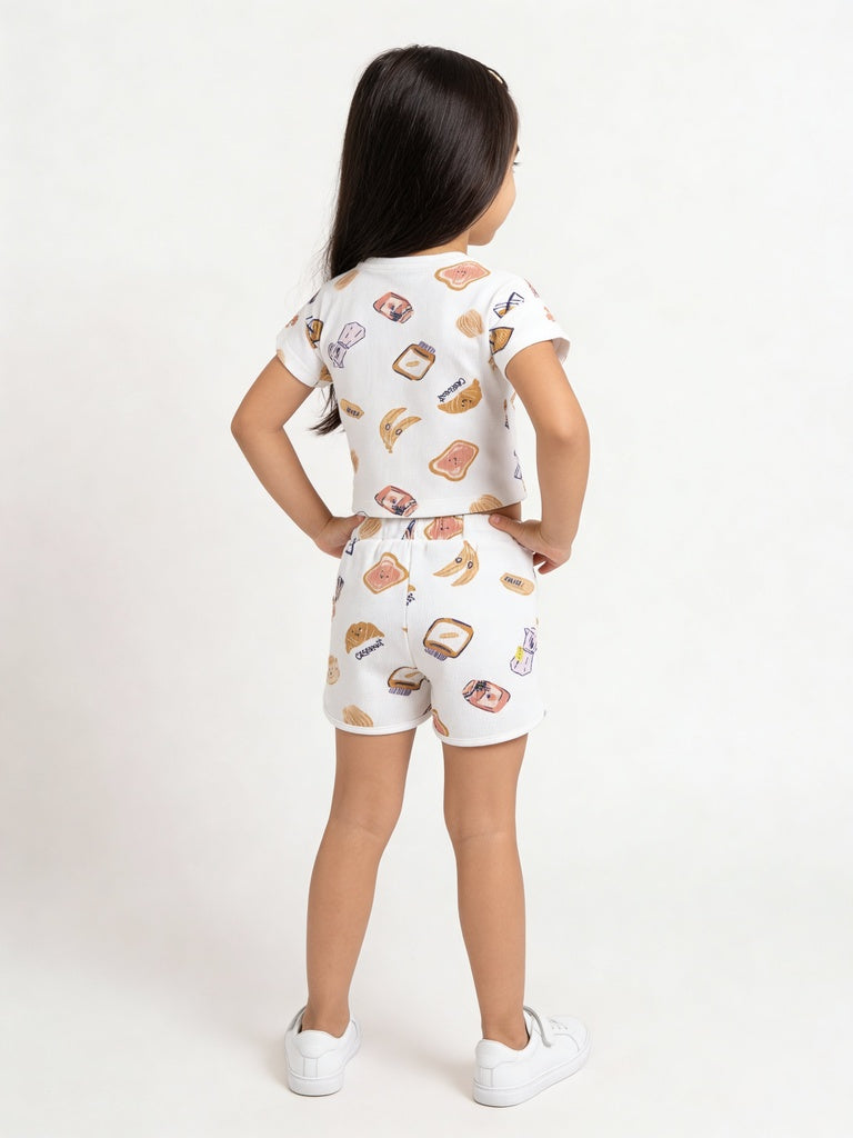 HOP Kids Girls Off-White Picnic Graphic Print Cotton T-Shirt And Shorts Set