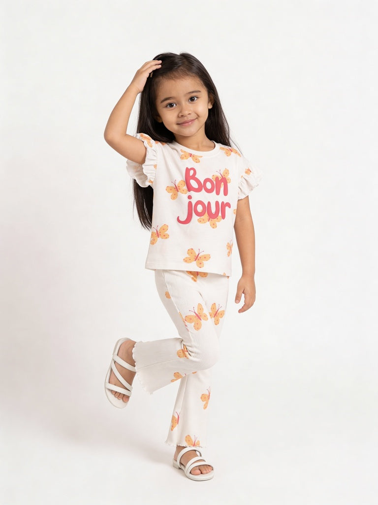 HOP Kids Girls Off-White Printed Cotton-Blend Top and Pants Set