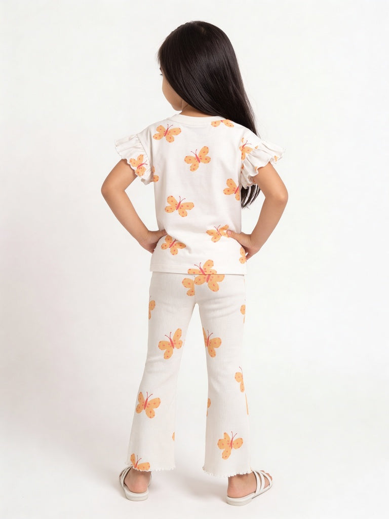 HOP Kids Girls Off-White Printed Cotton-Blend Top and Pants Set