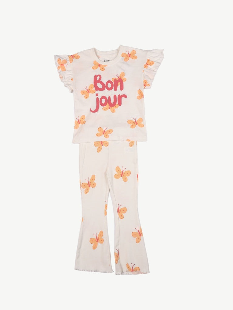 HOP Kids Girls Off-White Printed Cotton-Blend Top and Pants Set