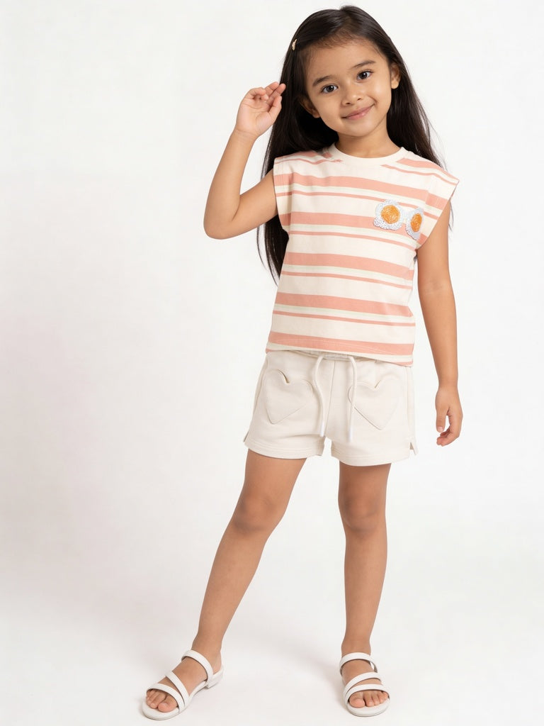 HOP Kids Girls Off-White Heart Pocket Cotton Shorts