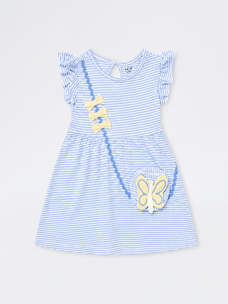 HOP Kids Girls Blue Striped Sling-Bag Detail Cotton A-Line Dress