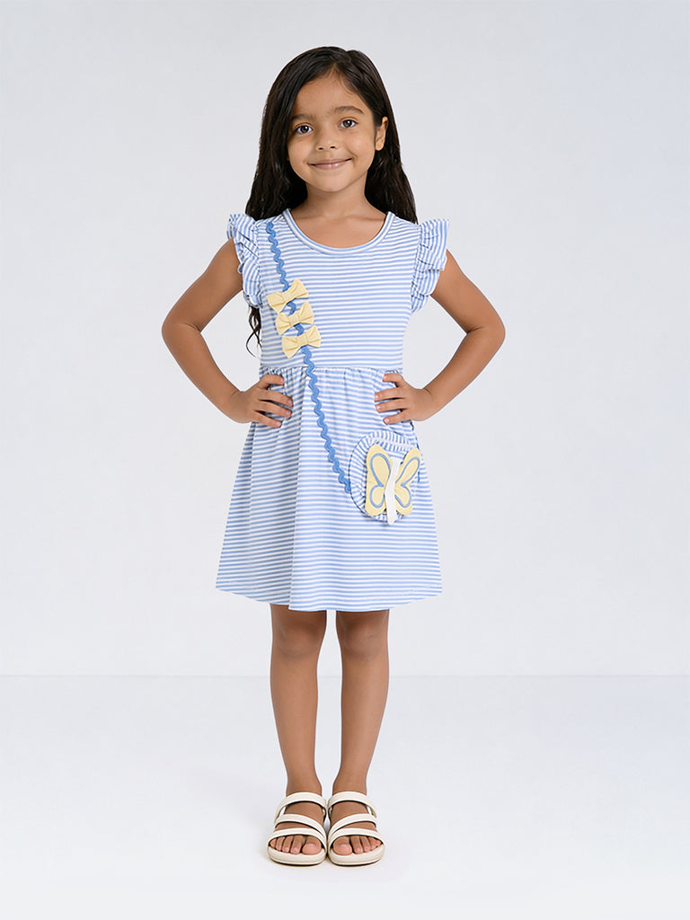 HOP Kids Girls Blue Striped Sling-Bag Detail Cotton A-Line Dress