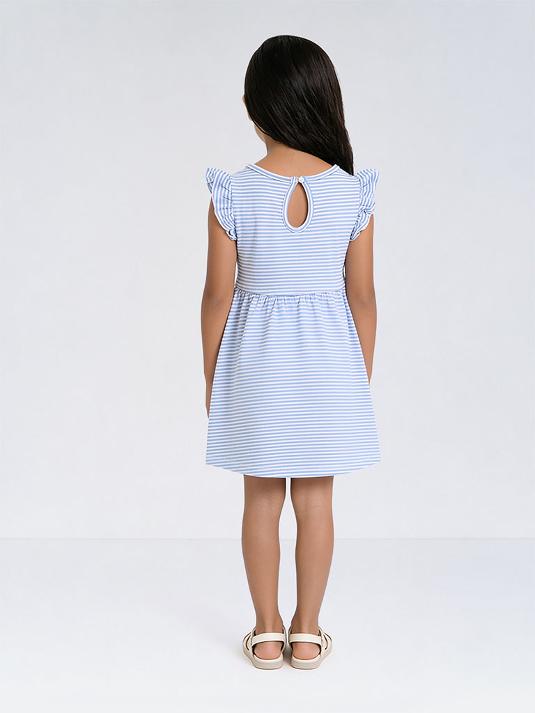 HOP Kids Girls Blue Striped Sling-Bag Detail Cotton A-Line Dress