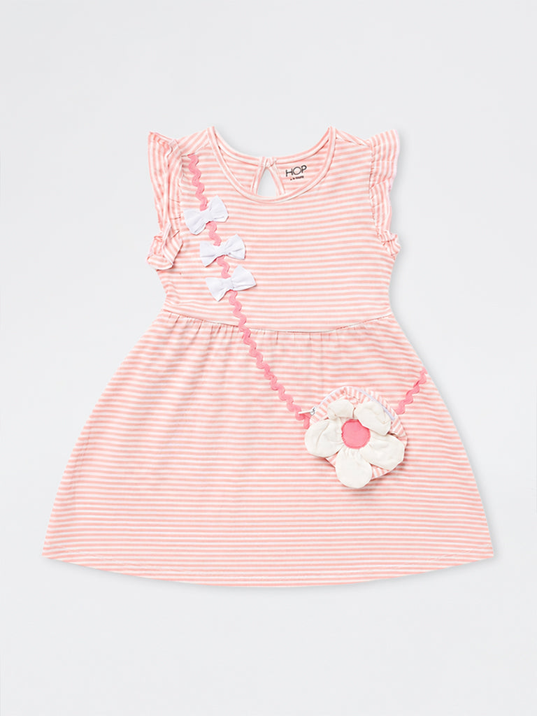 HOP Kids Girls Pink Striped Sling-Bag Detail Cotton A-Line Dress