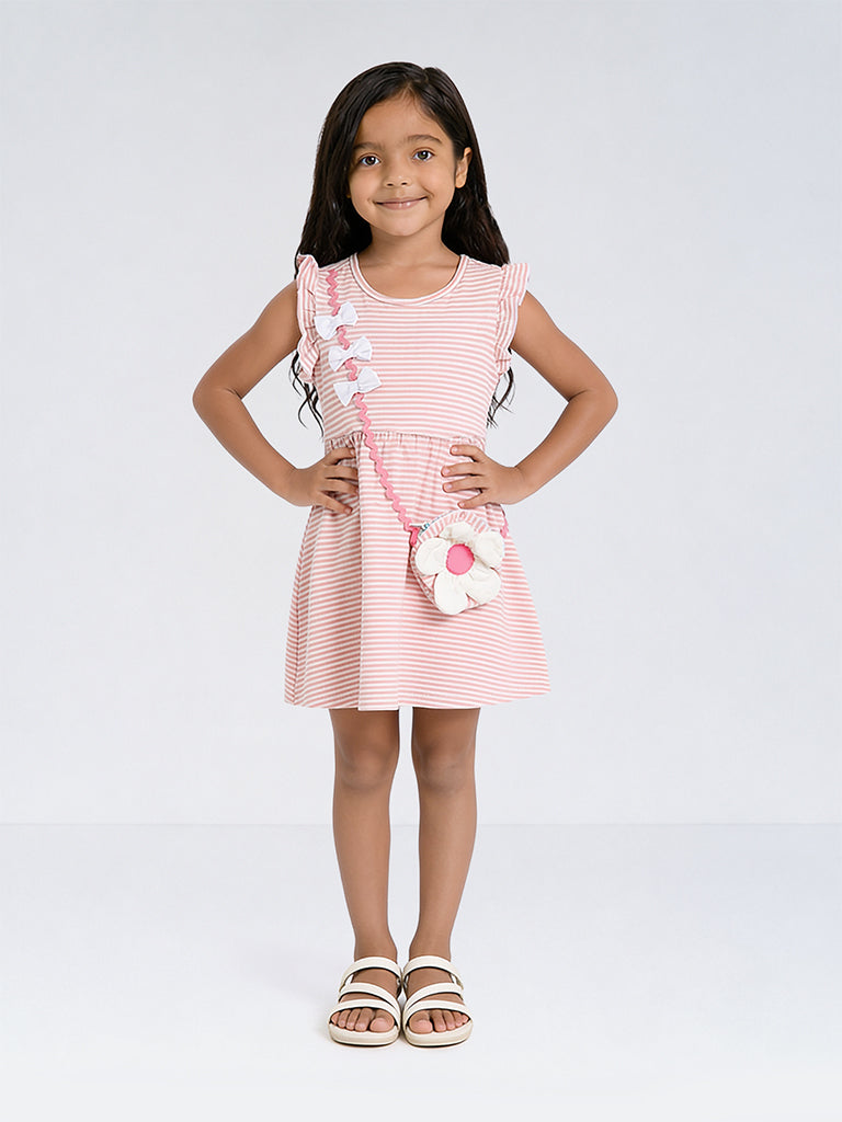 HOP Kids Girls Pink Striped Sling-Bag Detail Cotton A-Line Dress