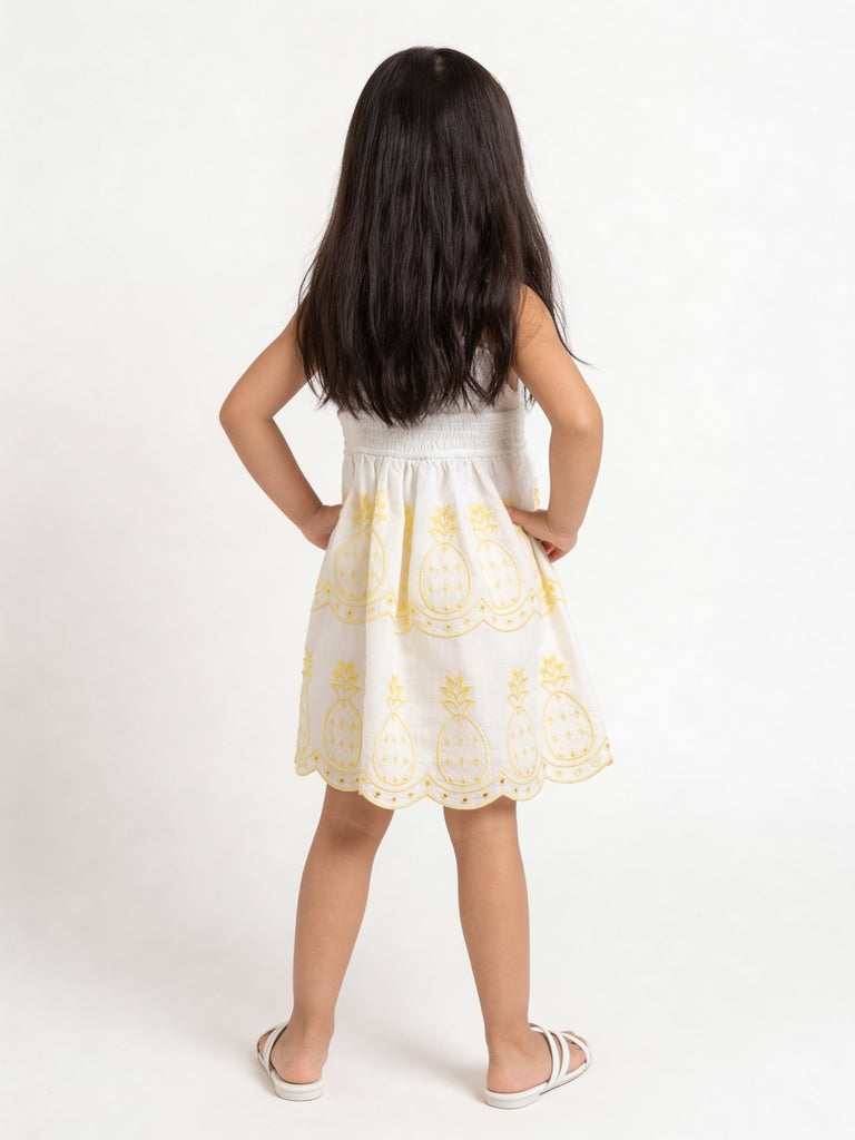 HOP Kids Girls White and Yellow Embroidered Cotton A-Line Dress