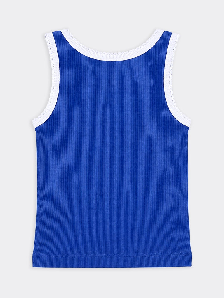 HOP Kids Girls Blue Ribbed Embroidered Cotton-Blend Tank Top