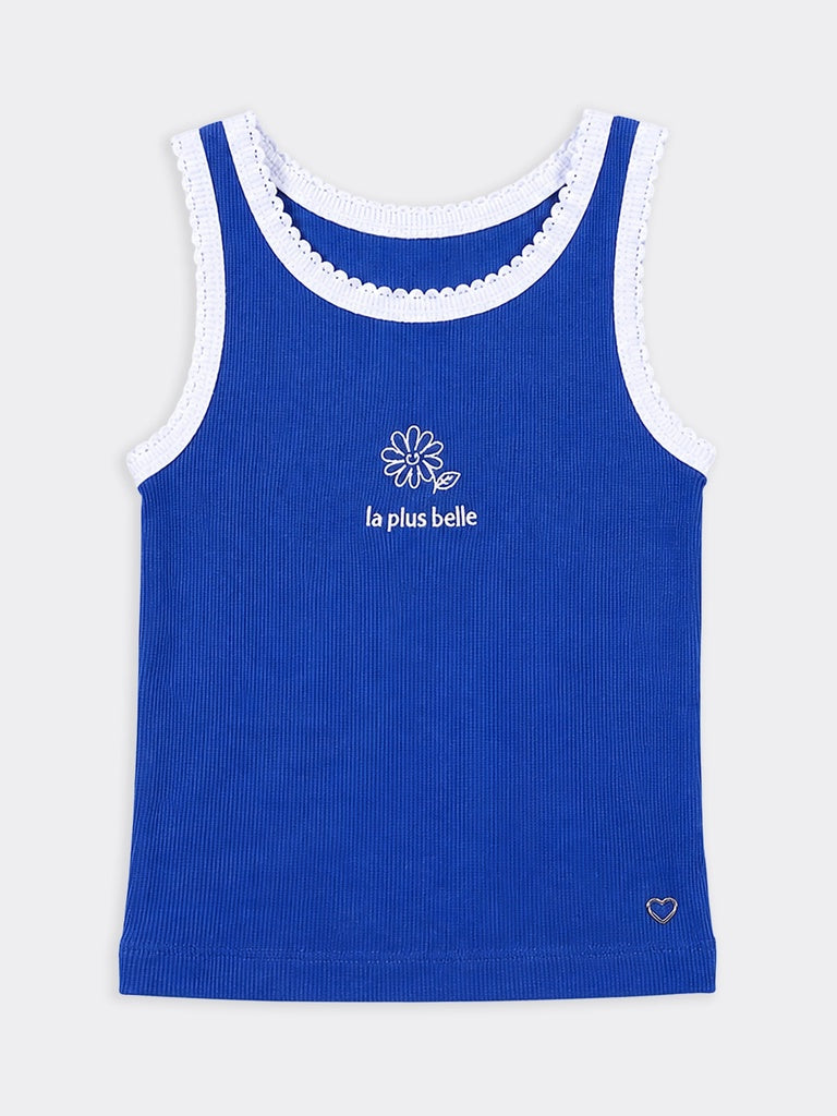 HOP Kids Girls Blue Ribbed Embroidered Cotton-Blend Tank Top