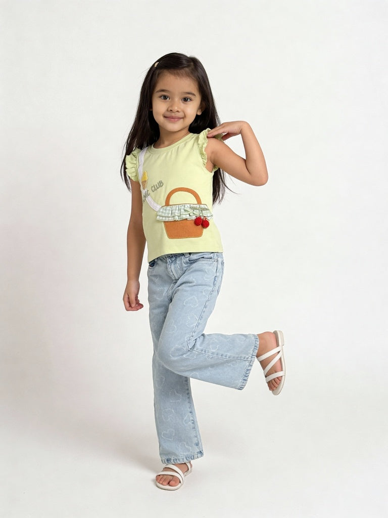 HOP Kids Girls Lime Green Embroidered Cotton T-Shirt