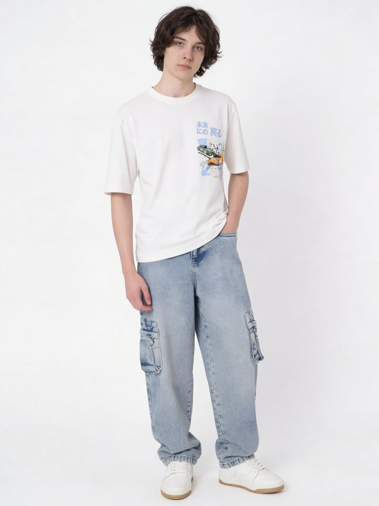 Y&F Kids Boys Off-White Printed Cotton T-Shirt