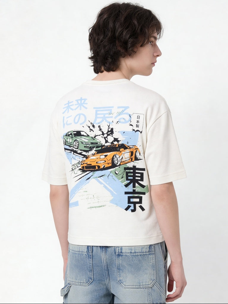 Y&F Kids Boys Off-White Printed Cotton T-Shirt
