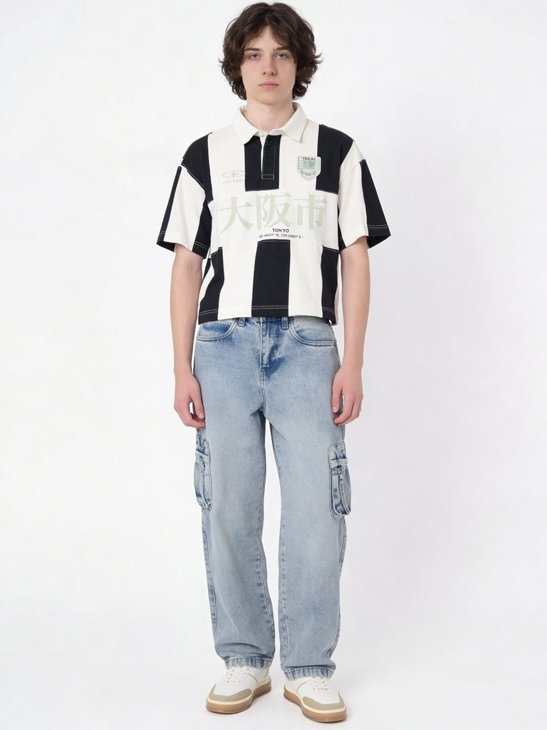 Y&F Kids Boys Black Striped Cotton Polo T-Shirt