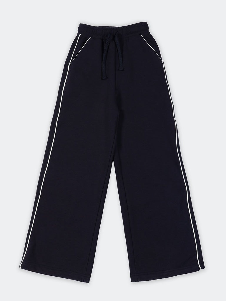 Girls Black Piping Detail Wide-Leg Cotton-Blend Track Pants