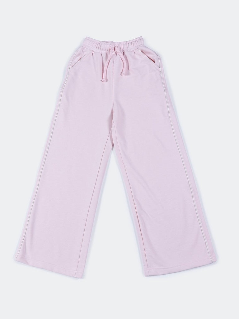 Girls Pink Piping Detail Wide-Leg Cotton-Blend Track Pants