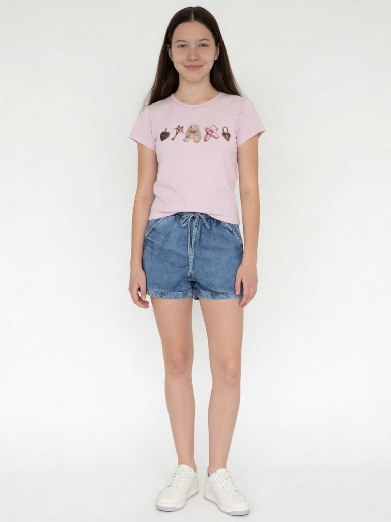Y&F Kids Girls Pink Graphic Print Cotton-Blend T-Shirt