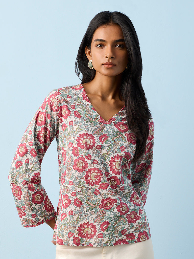 Utsa Multicolor Foliage Pattern Cotton Ethnic Top