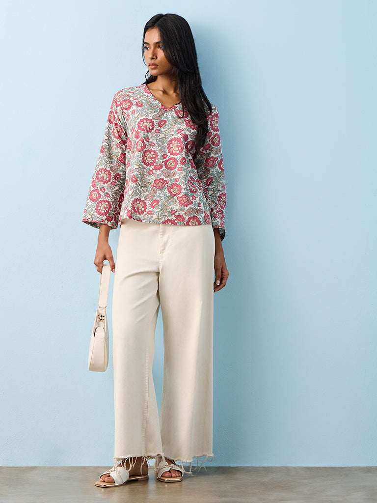 Utsa Multicolor Foliage Pattern Cotton Ethnic Top
