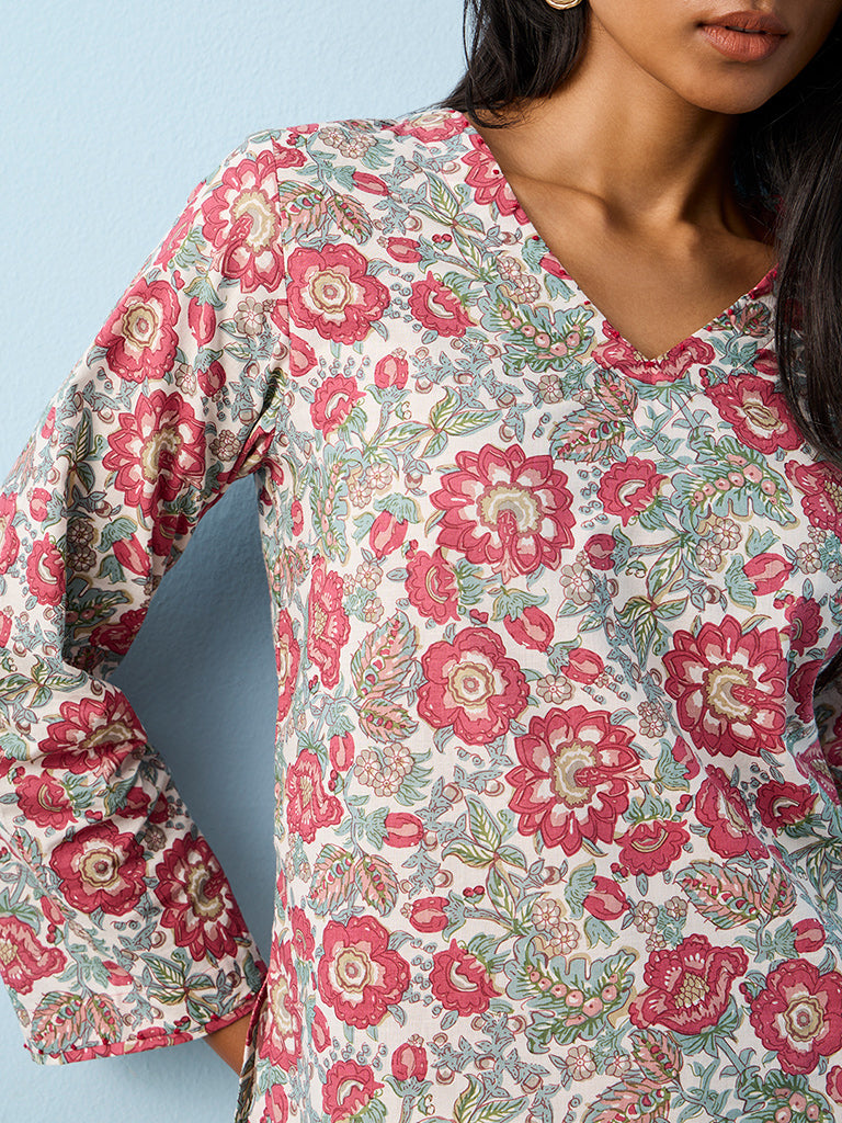 Utsa Multicolor Foliage Pattern Cotton Ethnic Top