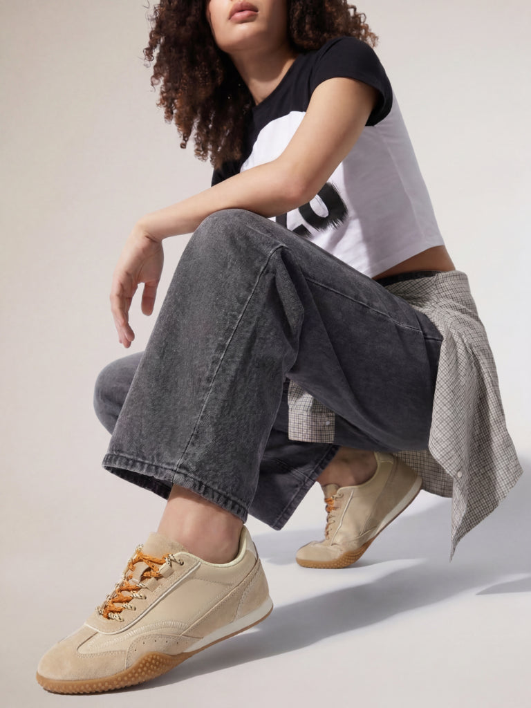 LUNA BLU Light Beige Suede Lace-Up Sneakers