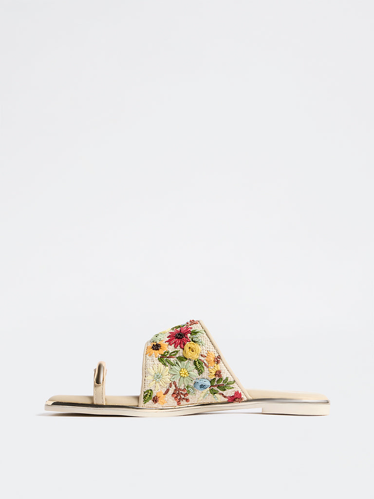 LUNA BLU Beige Floral Embroidered Sandals