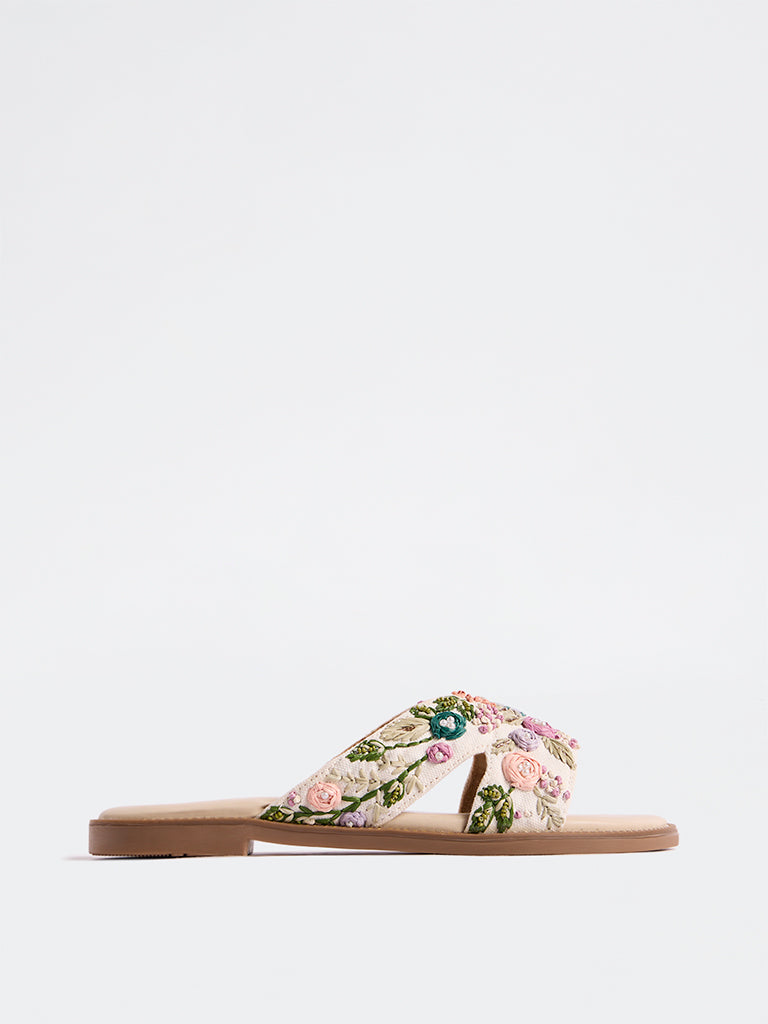 LUNA BLU Lilac Floral Embroidered Slides