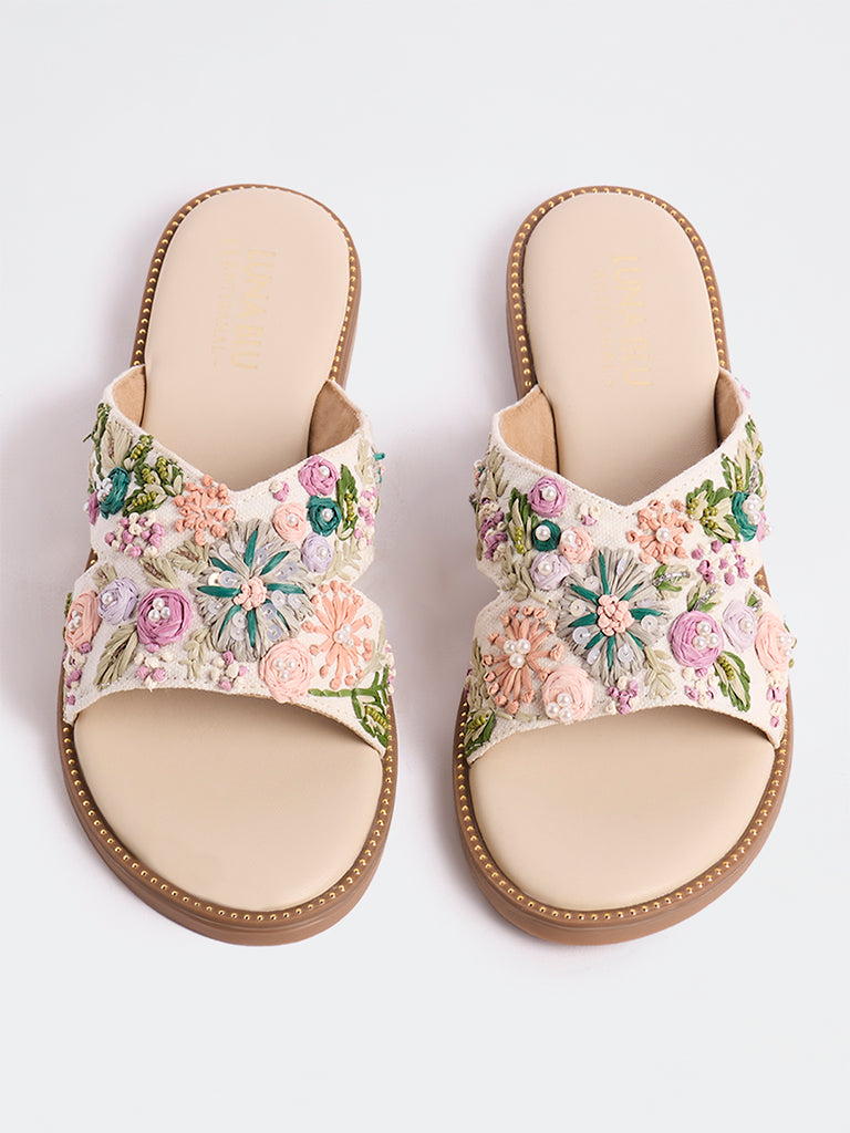 LUNA BLU Lilac Floral Embroidered Slides