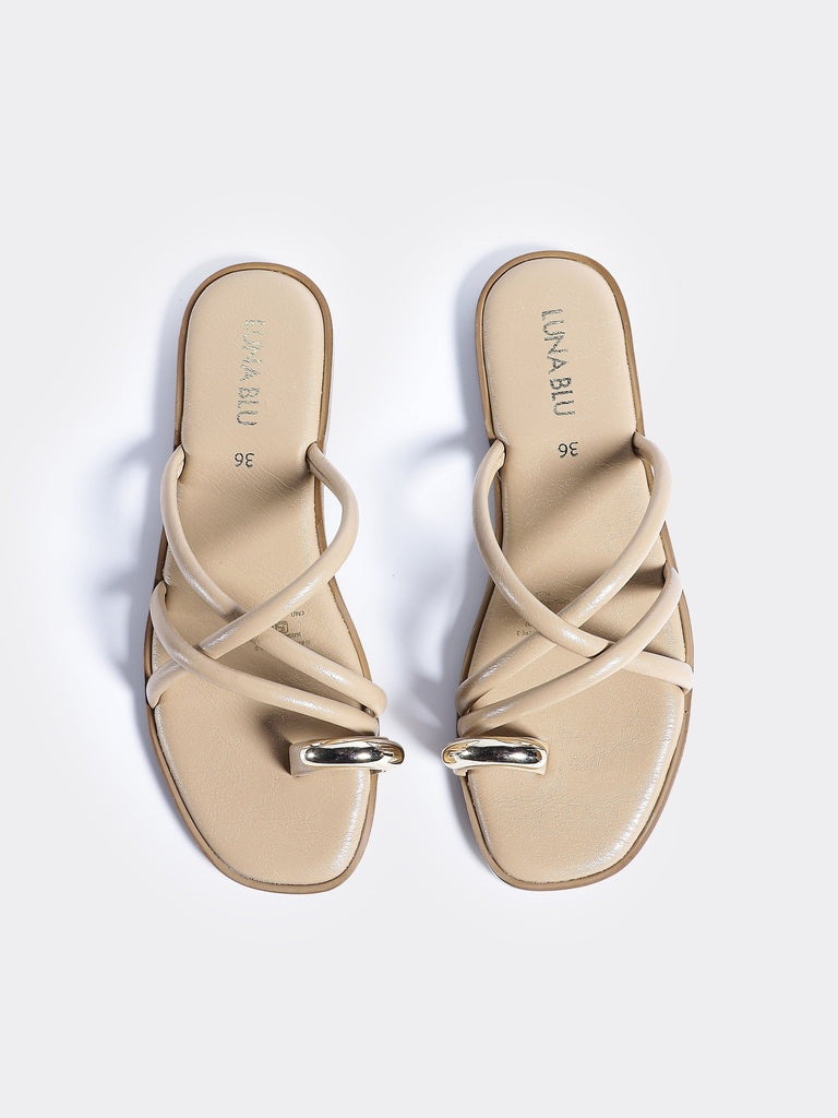 LUNA BLU Light Beige Toe Ring Flat Sandals