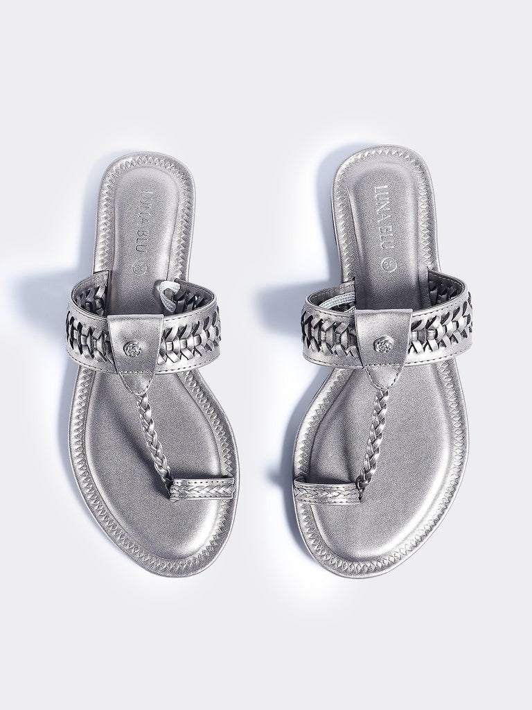 LUNA BLU Pewter Metallic Finish T-Strap Kolhapuri Sandals