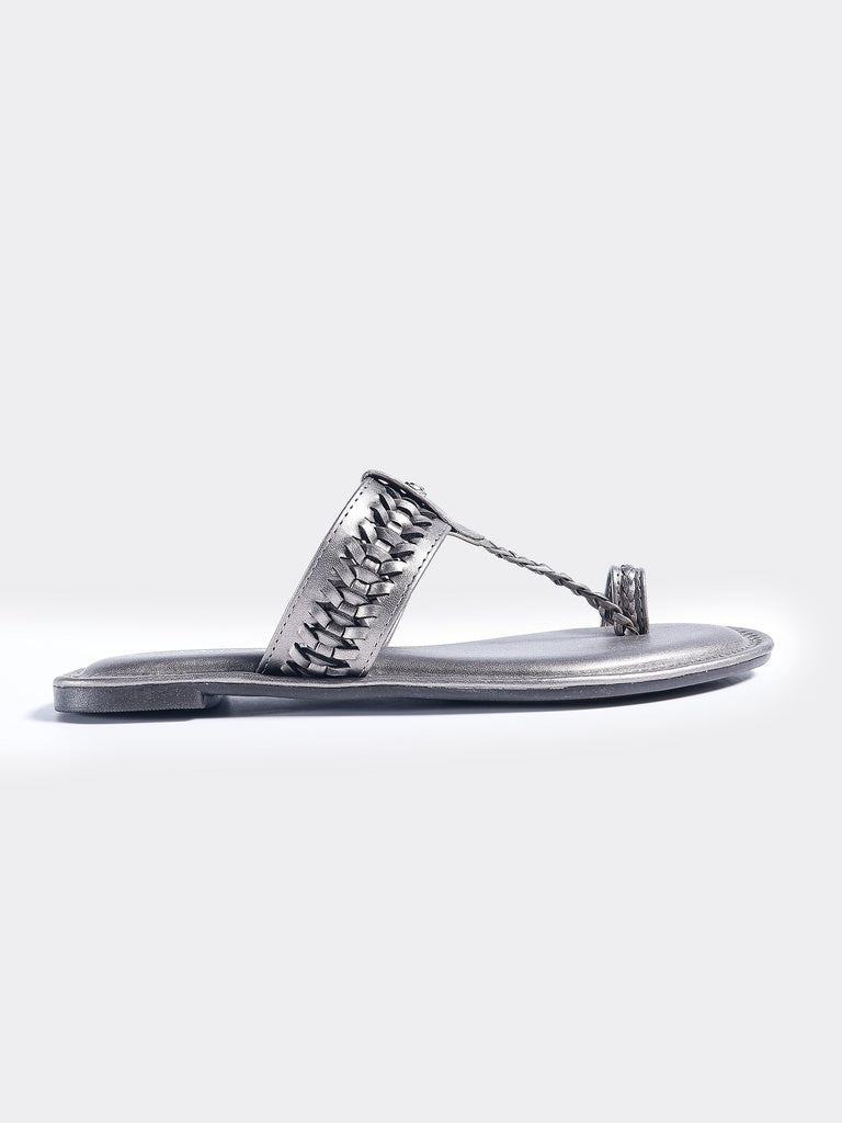 LUNA BLU Pewter Metallic Finish T-Strap Kolhapuri Sandals