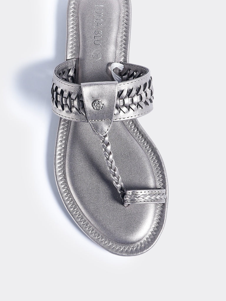 LUNA BLU Pewter Metallic Finish T-Strap Kolhapuri Sandals