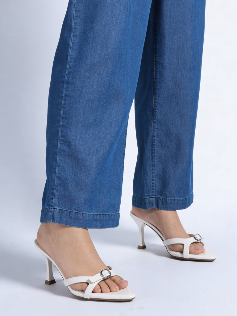 LUNA BLU White Buckle-Detailed Block Heel Sandals