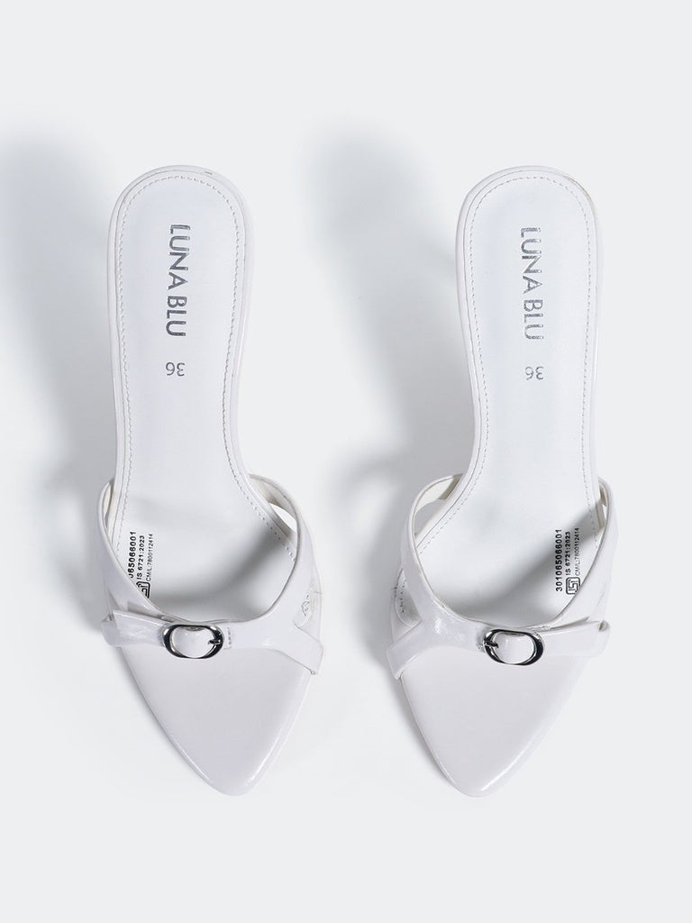 LUNA BLU White Buckle-Detailed Block Heel Sandals