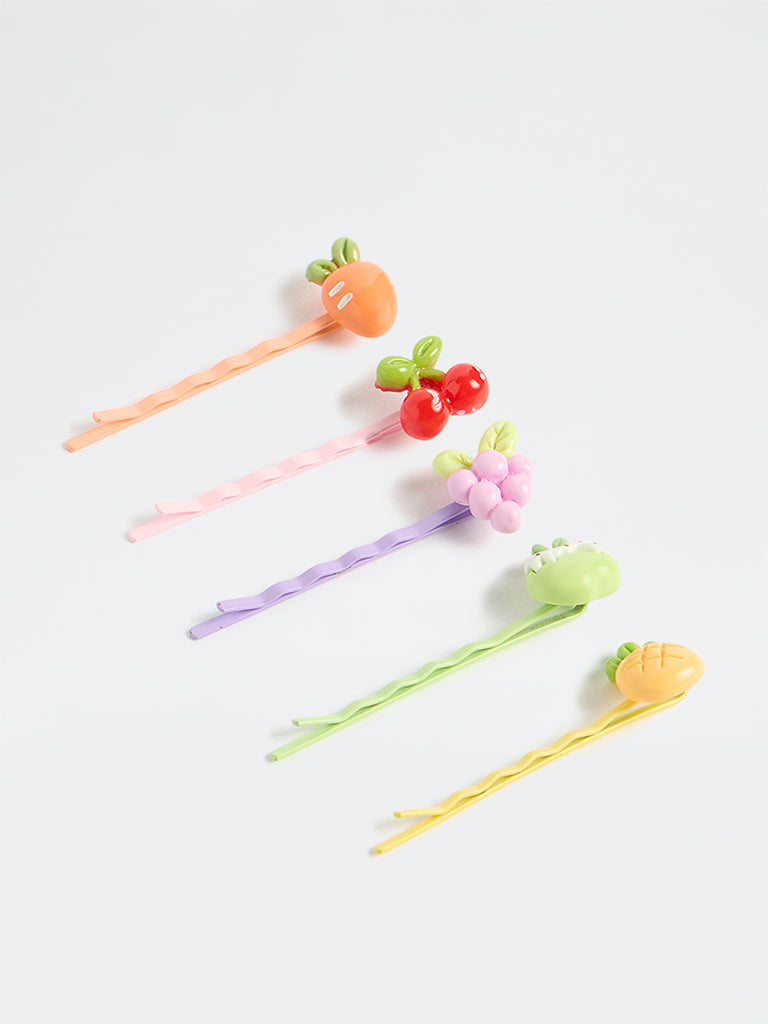 HOP Kids Girls Multi Coloured Fruit Design Bobby Pins - Pack of 5