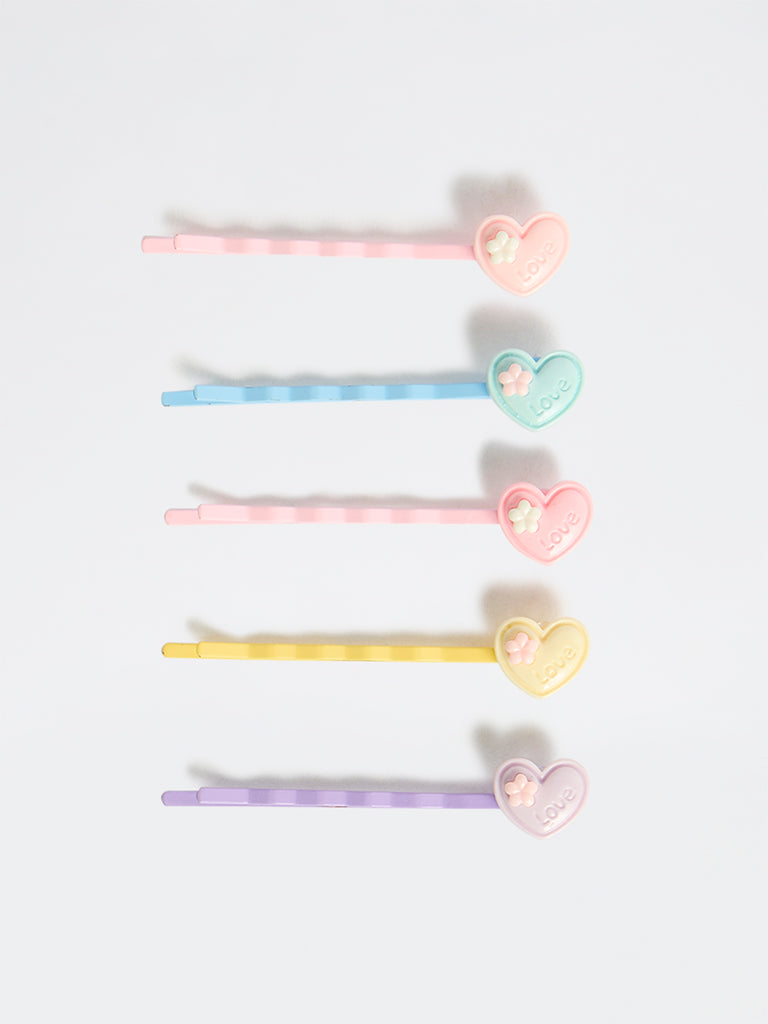 HOP Kids Girls Multicolour Heart Bobby Pins - Pack of 5