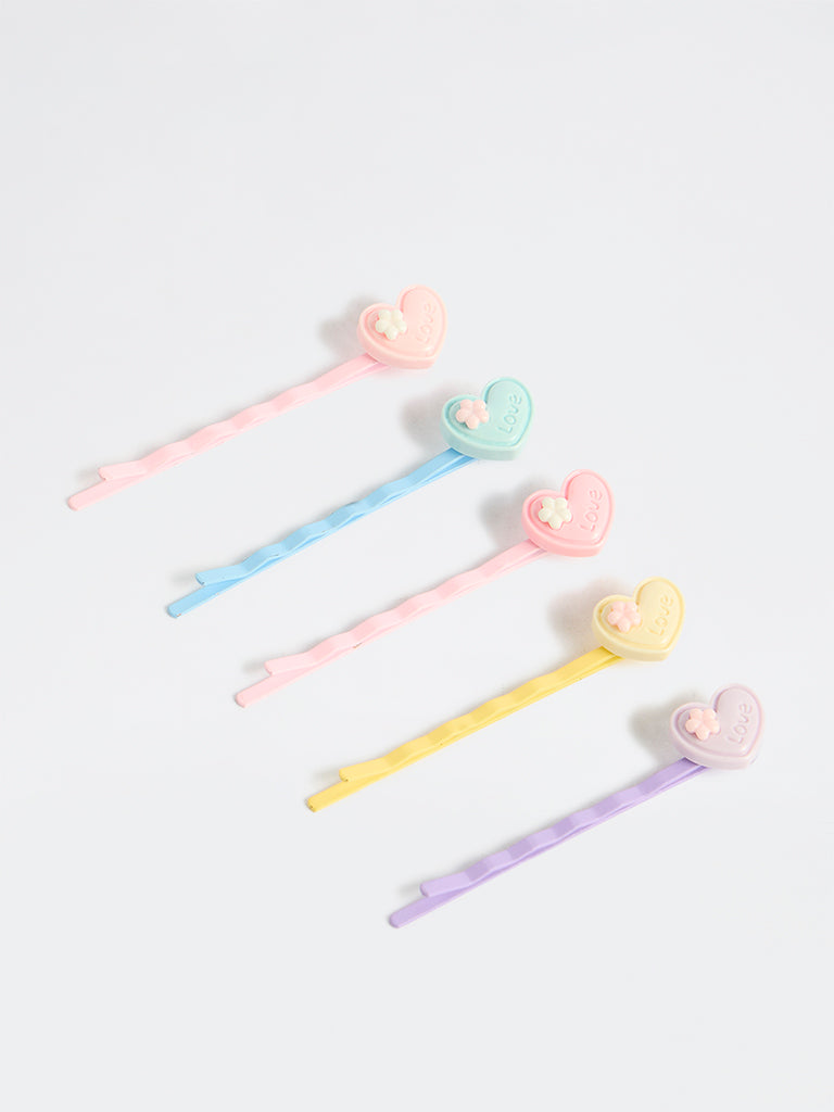 HOP Kids Girls Multicolour Heart Bobby Pins - Pack of 5