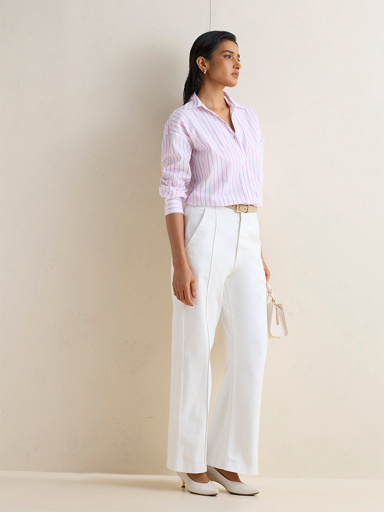 Wardrobe White Solid High-Rise Cotton-Blend Trousers