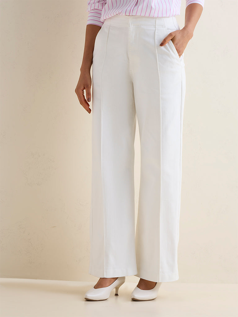 Wardrobe White Solid High-Rise Cotton-Blend Trousers
