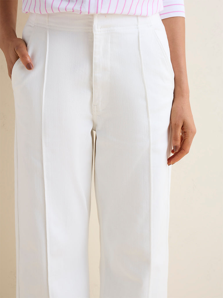 Wardrobe White Solid High-Rise Cotton-Blend Trousers