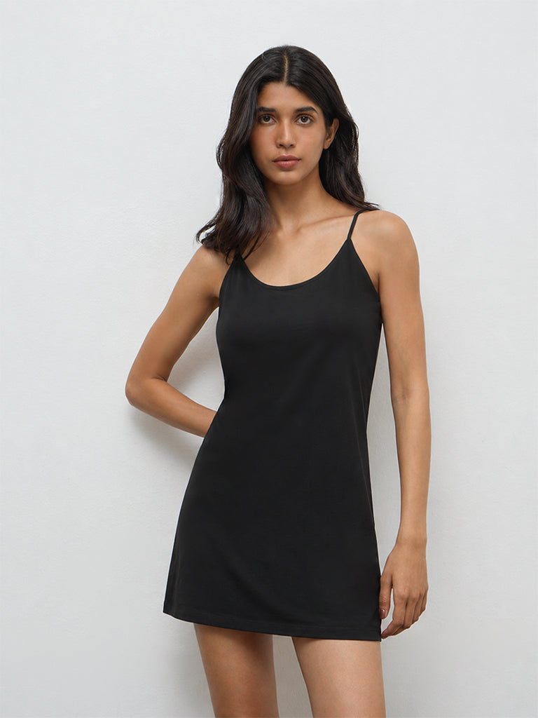 Wunderlove Black Solid Cotton-Blend Slip Dress