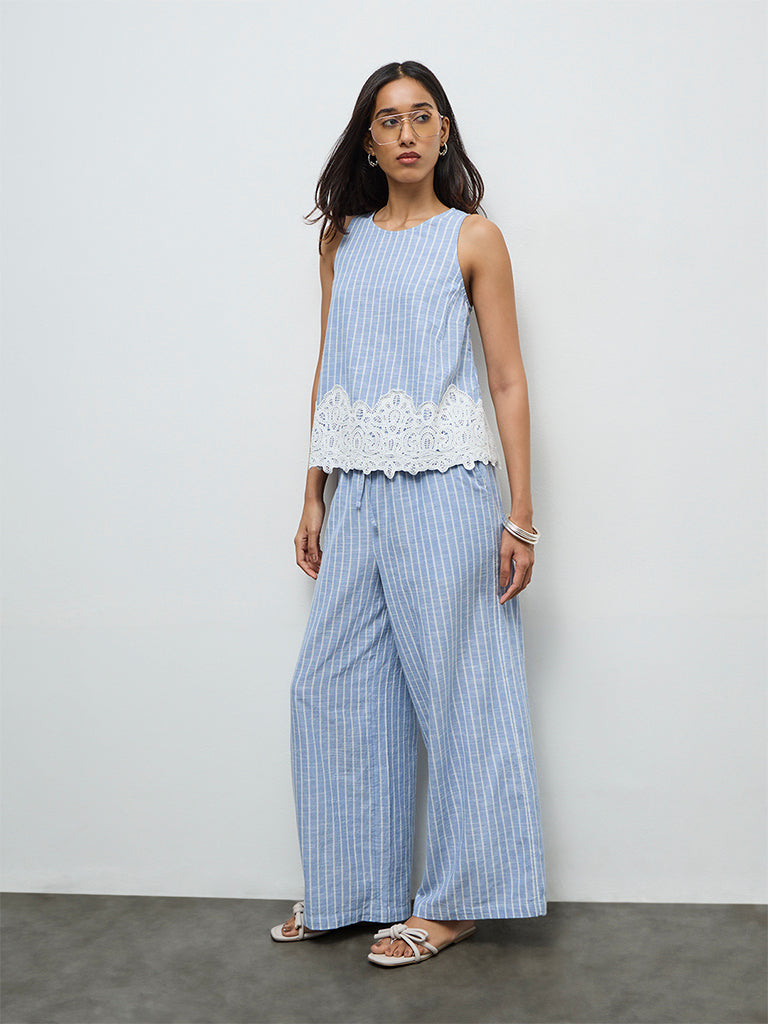 LOV Light Blue Striped High-Rise Cotton Pants