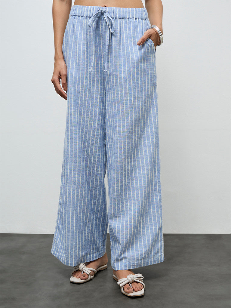 LOV Light Blue Striped High-Rise Cotton Pants