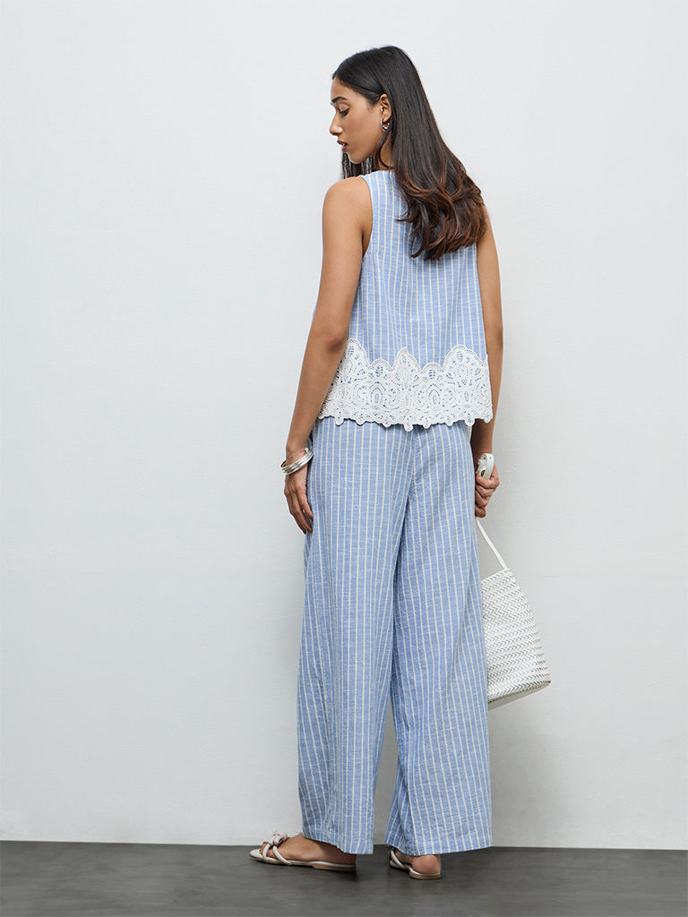 LOV Light Blue Striped High-Rise Cotton Pants