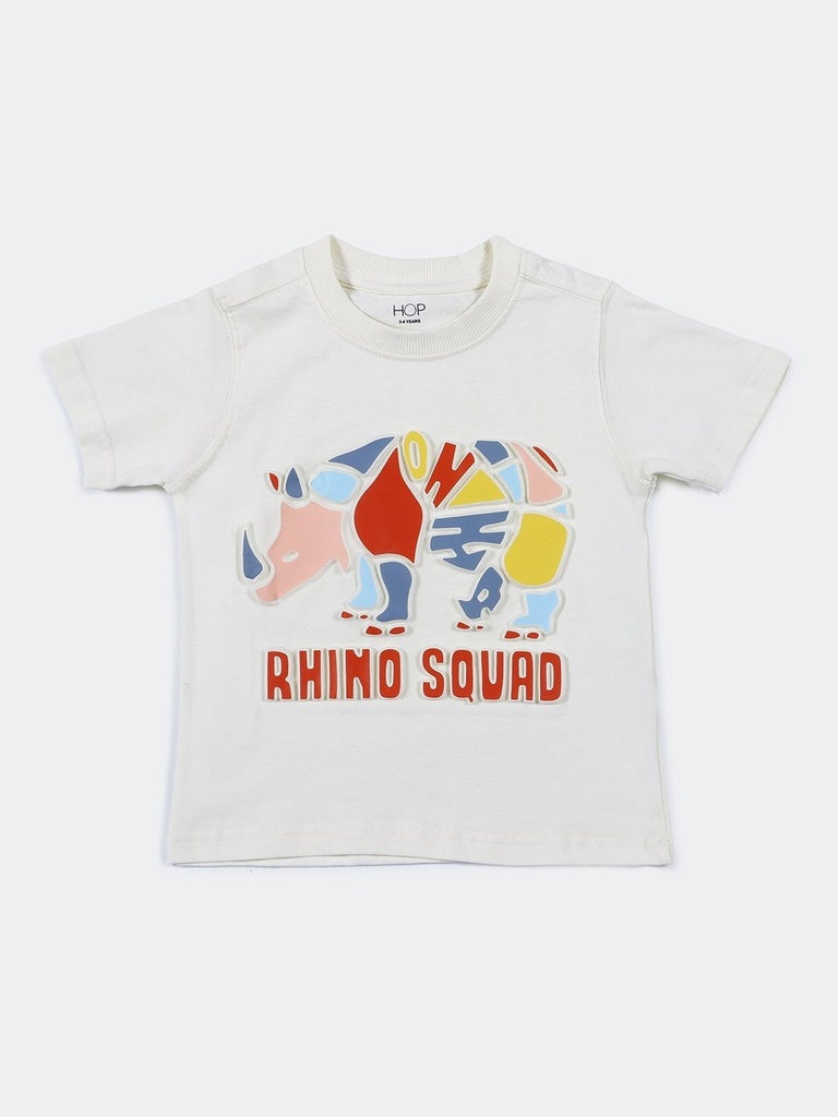 HOP Kids Boys Off-White Rhino Printed Cotton T-Shirt